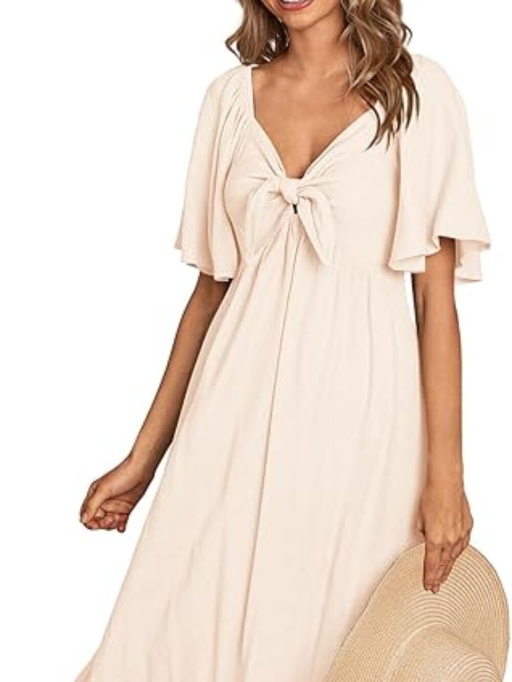 Boho Flowy Short Sleeve Bow Tie V-Neck Ruffle Midi Dress-XL